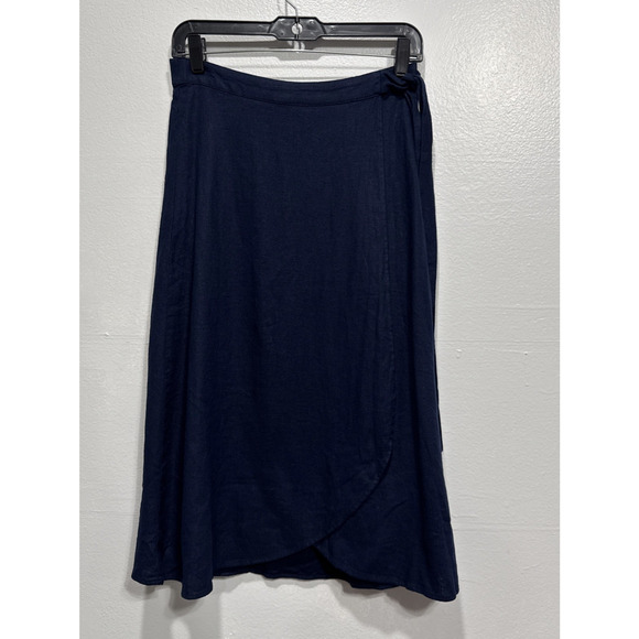 J Crew Factory Faux Wrap Skirt Womens PS Linen Blend Navy A-Line Midi Pull On - Picture 1 of 10